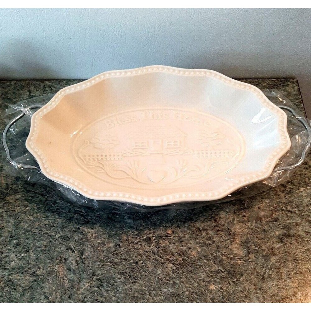 White Oval Scalloped Serving Dish Carrier Sienna Godinger Bless This House
